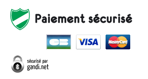 Logos des moyens de paiement sécurisés et de Gandi.net pour le certificat SSL